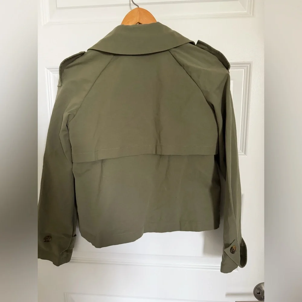 Nordstrom Cropped Olive/Green Trench Jacket Double Breasted Lightweight Coat xs - Picture 3 of 8